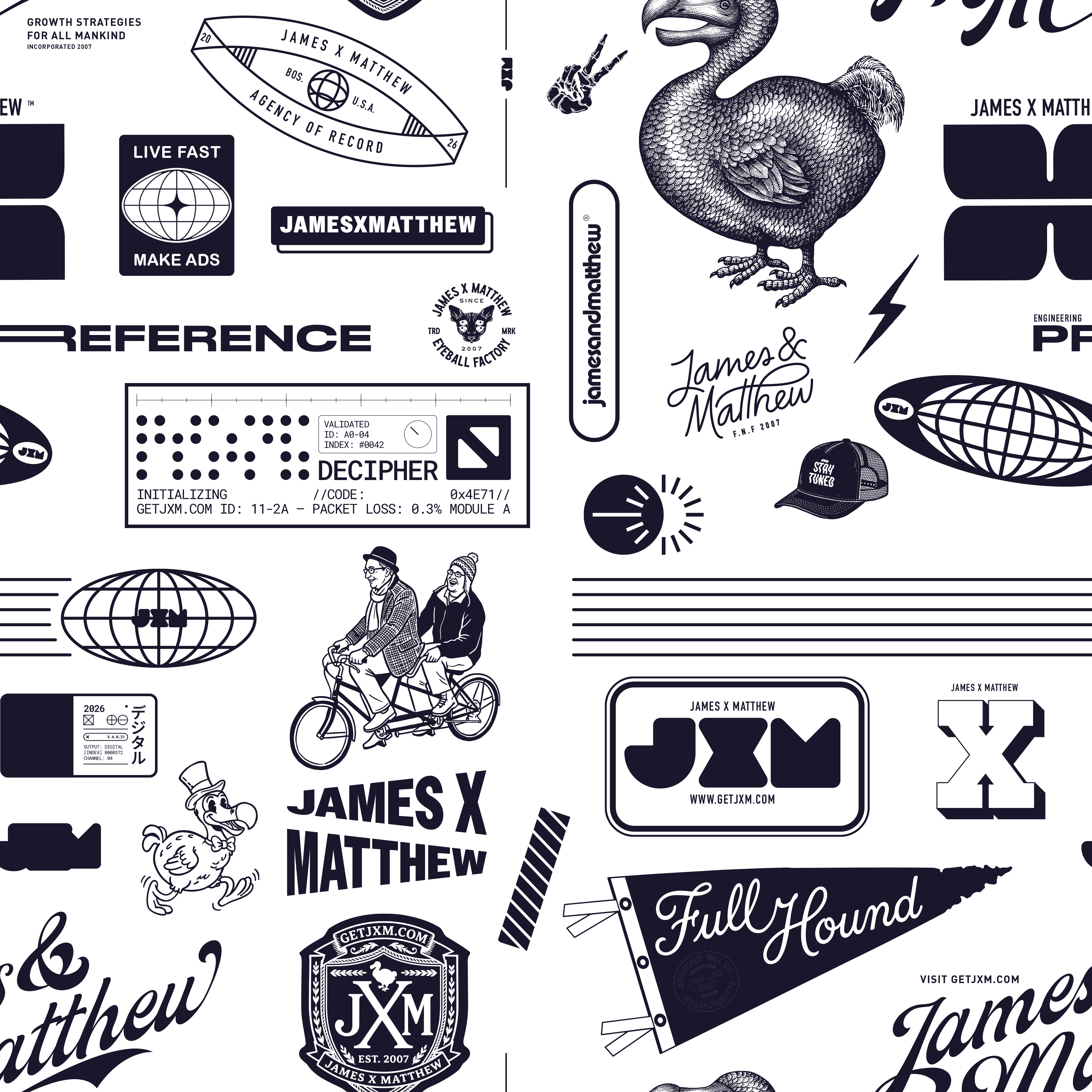 JXM pattern library — wordmarks, mascots, badges, technical marks